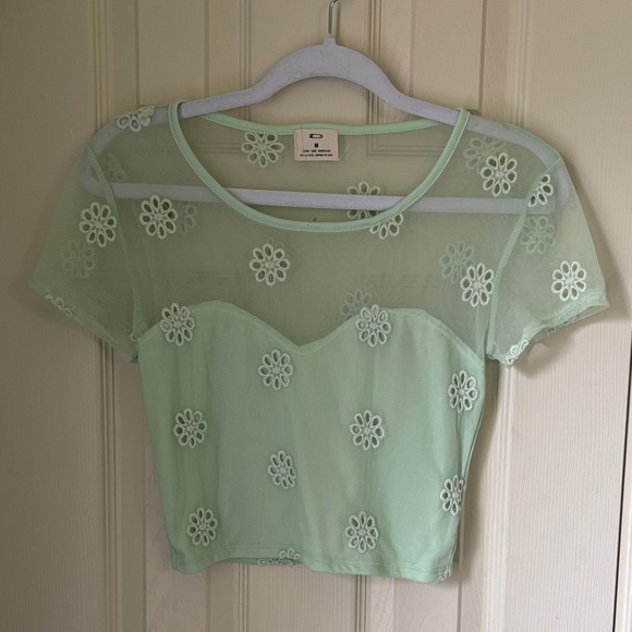 Pins & Needles Tops - Pins & Needles Mint Green Sheer Floral Mesh Crop Top